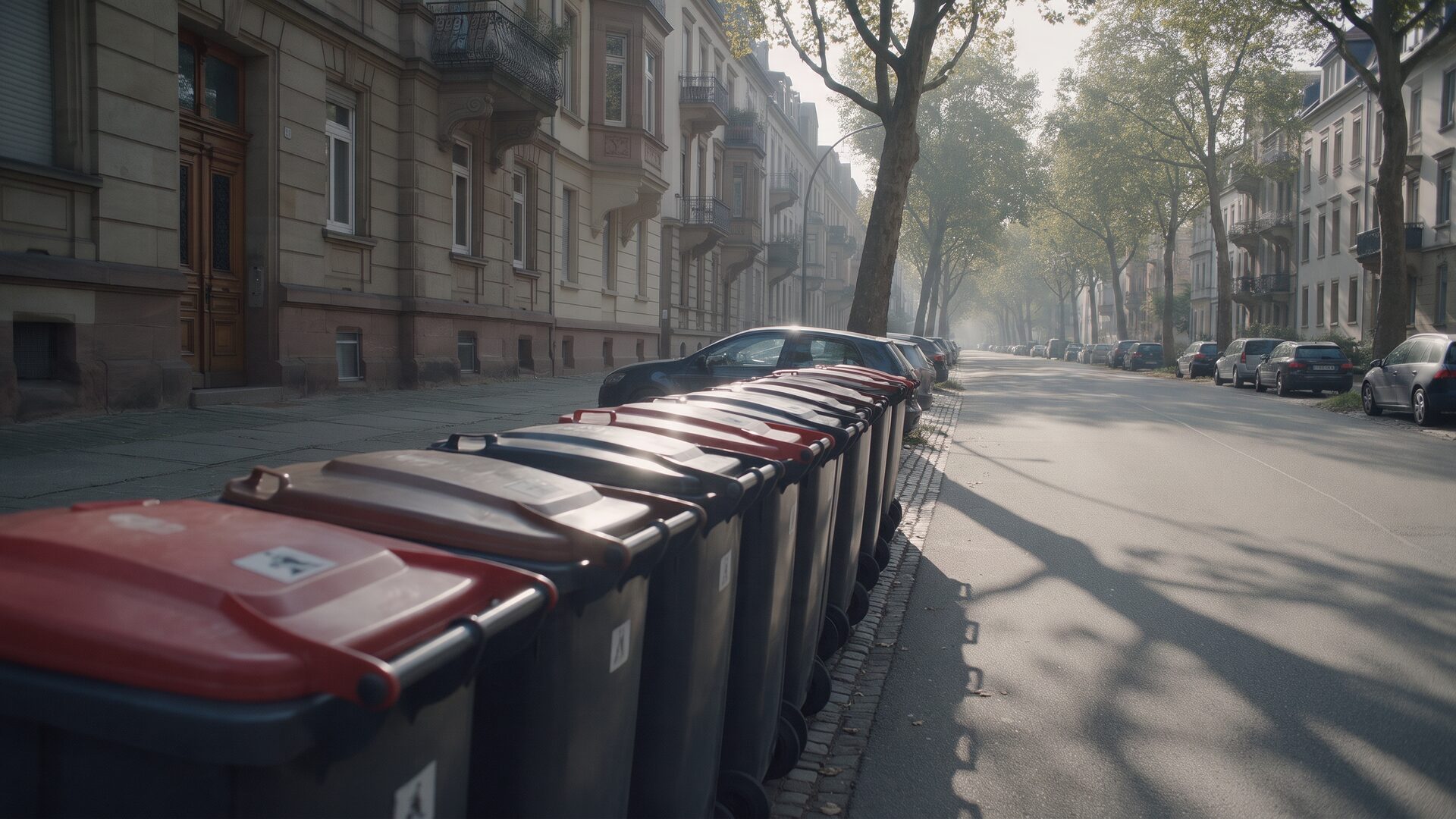 Bereitgestellte Tonnenreihe am Bordstein einer Karlsruher Allee, die Straße ist noch leer.