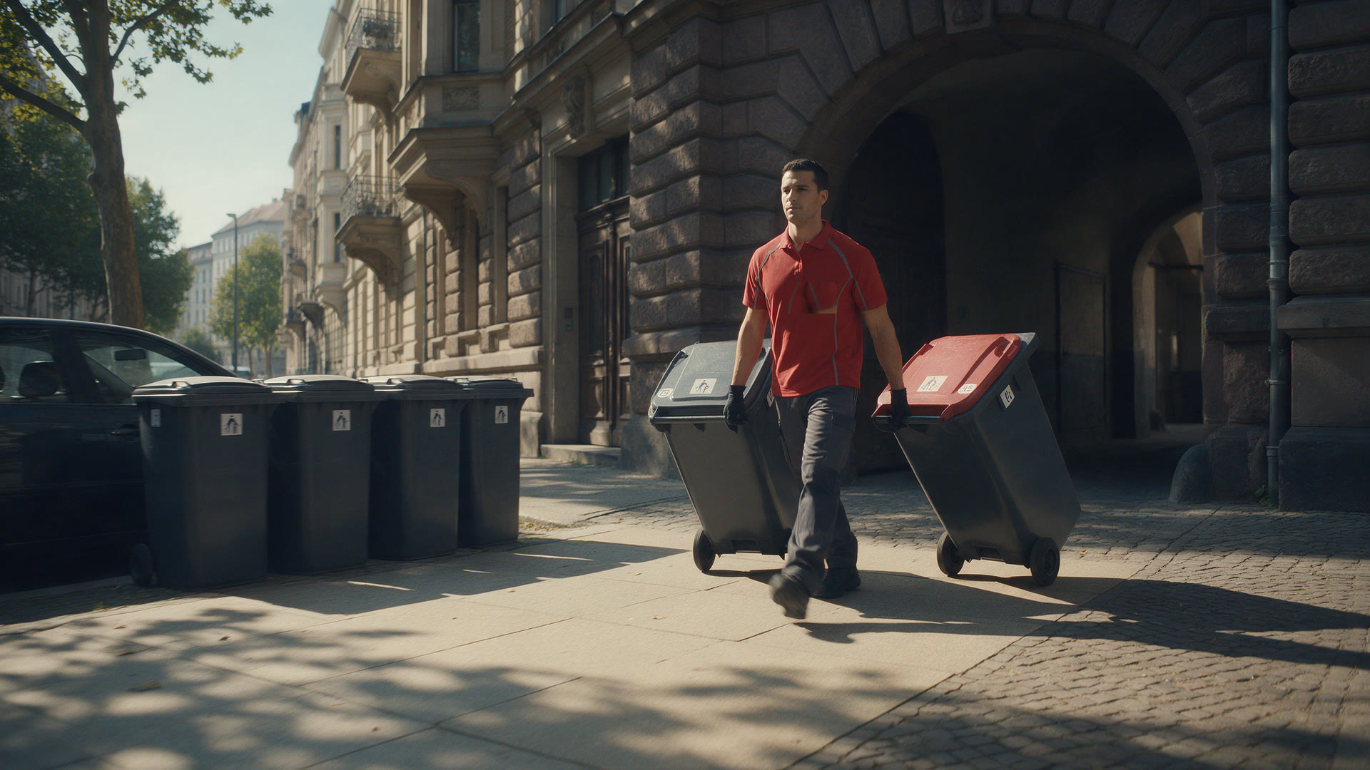 Mitarbeiter im roten Poloshirt zieht zwei Mülltonnen über den Gehweg zur Straße, dahinter eine Reihe bereitgestellter Tonnen.