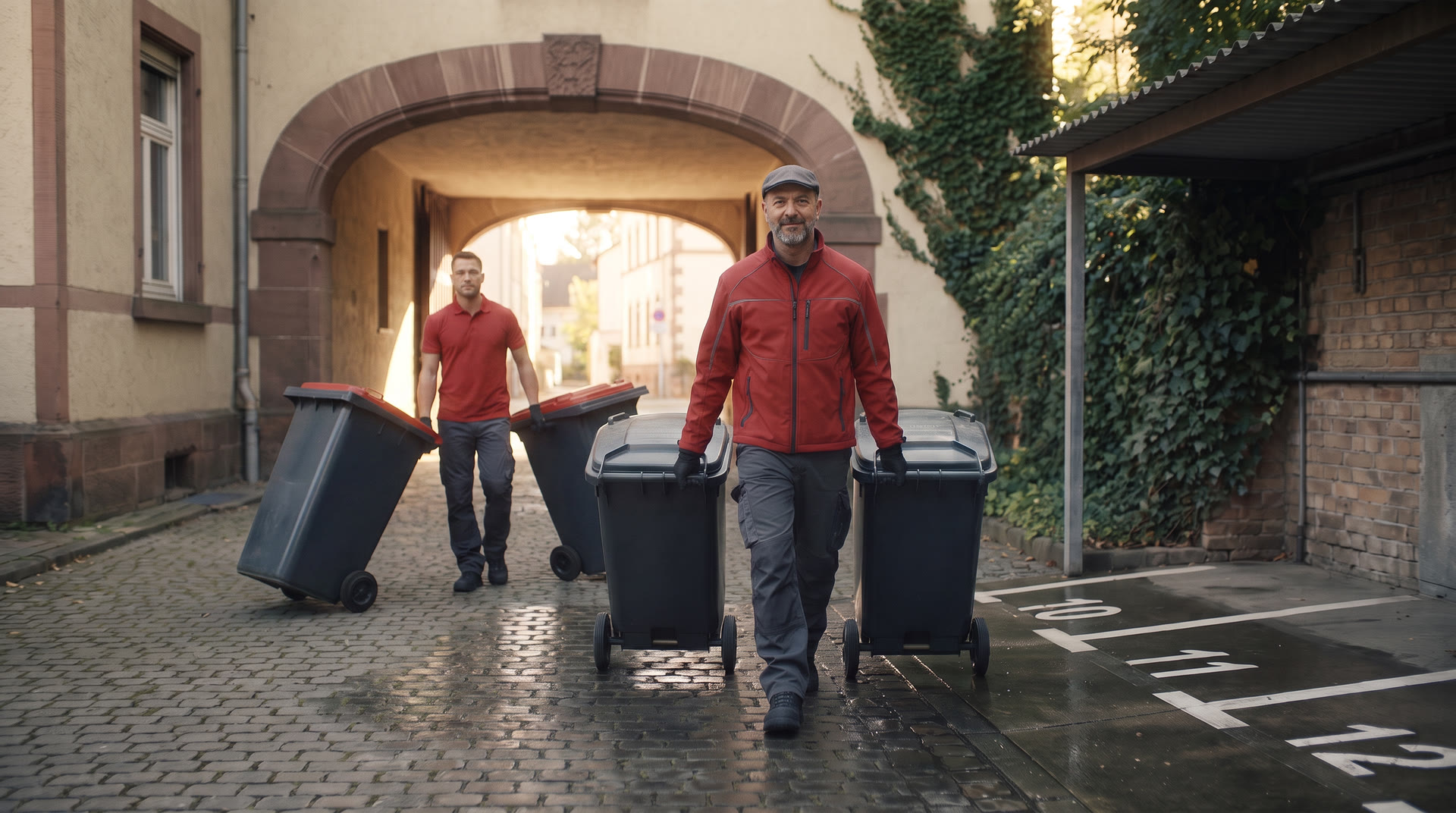 Zwei Mitarbeiter in roter Kleidung ziehen je zwei Mülltonnen durch eine Toreinfahrt in den Hof zurück, der vordere lächelt.