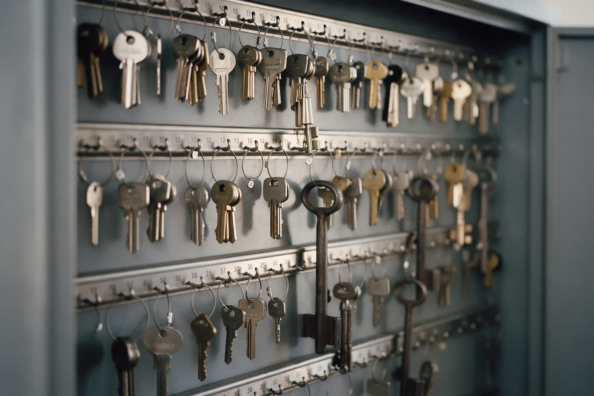 Verschlossener Schlüsselschrank mit nummerierten Ringen, daran Tür- und Torschlüssel in vielen Größen.